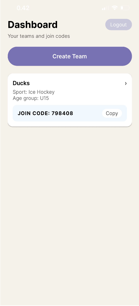 Coach dashboard — teams & join codes